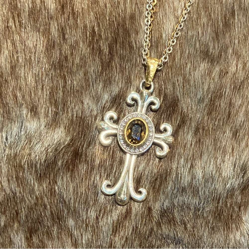 Brighton 2-tone cross necklace with brown gem, 16” length